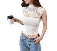 EMOTTOS Damen Tanktop Y2K, Crop Tops Spitzen-Patchwork Cut-Out-Details, Sexy Ärmelloses Slim Fit Bandeau Weste Trägertop Halbhohem Ausschnitt, Stretchmaterial Sommer Oberteil Mädchen, Weiß, M