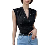 EMOTTOS Damen Tanktop Y2K, Pailletten Dekorative Glitzer Oberteile mit Kreuzfalten, Sexy Ärmellose Weste Trägertop Slim Fit V-Ausschnitt, Stretch Mädchen Sommer Partys Festivals, Schwarz, S