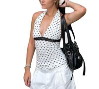 EMOTTOS Damen Tanktop Y2K, Spitzen Patchwork Oberteil mit Polka-Dot-Plissee, Sexy Ärmellose Weste Trägertop Slim Fit Neckholder Tops Stretchstoff, Mädchen Sommer Partys Festivals, Weiß, M