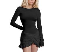 EMOTTOS Damen Twisted Wickelkleid, Cocktail Rüschensaum Kleid mit Elastischer Taille, Figurbetontes Kleider mit Rundhalsausschnitt, Mini Enges Kleid für Clubbing Party Cocktail, Schwarz, S