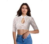 EMOTTOS Damen V-Ausschnitt Dirndl Spitzenbluse, Kurzärmelige Elegante Jacquard-Tracht mit Knopf, Netzstickerei Truse für das Oktoberfest, Weiß, L