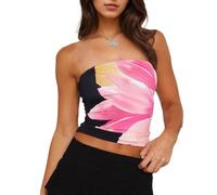 EMOTTOS Damen Y2K Bedrucktes Crop Tube Tops Tanktops, Sexy Slim Fit Bauchfreie Bustier, Rückenfreie Ärmellose Träger Enge Sommer Tops für Partys, Schwarz, M