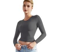 EMOTTOS Damen Y2K Crop Tops, Doppelt Gefüttertes Langarm T-Shirt, Slim Fit Rundhals-Shirts, Fashion Skinny Y2K Tee Shirt(Grau, S)