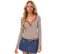 EMOTTOS Damen Y2K Crop Tops, Oberteil Sexy Button Down V-Ausschnitt Langarm Slim Fit, Einfaches Gestreiftes Dehnbares Baumwoll-T-Shirt zum Abnehmen, Rot, L