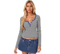 EMOTTOS Damen Y2K Crop Tops, Oberteil Sexy Button Down V-Ausschnitt Langarm Slim Fit, Einfaches Gestreiftes Dehnbares Baumwoll-T-Shirt zum Abnehmen, Schwarz, L