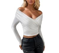 EMOTTOS Damen Y2K Crop Tops, Oberteil Sexy Off-Shoulder Langarm Slim Fit, Schulterfreies Top Slimming Chest Twisted Unifarbener T-Shirt, Weiß, L