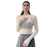 EMOTTOS Damen Y2K Crop-Tops, Sexy Durchsichtiges Lace Mesh-Langarmshirt Slim Fit Rundhalsausschnitt Elastischer Rüschen Spitze Netzshirt Party Festival Oberteil T-Shirt, Aprikose, Einheitsgröße