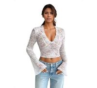 EMOTTOS Damen Y2K Crop Tops, Sexy Halbtransparentes Oberteil Floraler Spitzen Mesh, Cut Out Ausgestelltes Langarmshirt Slim Fit V-Ausschnitt Elastisches T-Shirt Party Festival, Weiß, Einheitsgröße