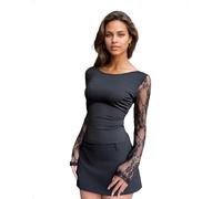 EMOTTOS Damen Y2K Crop Tops, Sexy Halbtransparentes Spitzen Mesh Oberteil Langärmelig Slim Fit Durchsichtiger Rücken Rundhalsausschnitt Patchwork Elastisches T-Shirt Festival Top Shirt Schwarz, L