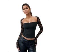 EMOTTOS Damen Y2K Crop Tops, Sexy Halbtransparentes Spitzen Mesh Top, Patchwork Langärmelig Slim Fit, Quadratischer Ausschnitt Elastisches Lace Enges Shirt Party Festival Oberteil, Schwarz, S