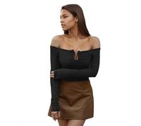 EMOTTOS Damen Y2K Crop Tops, Sexy Schulterfreies Oberteil mit Langem Ärmel Slim Fit Tief Ausgeschnittener V-Ausschnitt Metallverschluss Brustbereich Elastisches Enges T-Shirt Festival Top, Schwarz, S