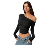 EMOTTOS Damen Y2K Crop Tops, Strass Glänzend Schulterfreie Langarm Oberteile Slim Fit, Asymmetrisch Kalte Schultern Seitliche Rüschen Enge Elastisches T-Shirt, Party Festival Shirt, Schwarz, L