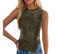 EMOTTOS Damen Y2K Glitzer Tanktops Rundhalsausschnitt, Sexy Slim Fit Weste Trägertop Glitzer-Mikro-Bouncy Stoff Vest, Unregelmäßige Ärmellose Leichtes Dehnbares Party Top Sommer Oberteil, Gold, M