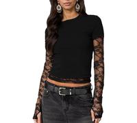 EMOTTOS Damen Y2K Spitzen Patchwork Langarm Crop Top, Falsches Zwei-Teile Rundhals T-Shirt mit Transparente Hülle, Casual Sexy Spitzenbesatz Oberteil für Sommer Party Outfits, Schwarz, L
