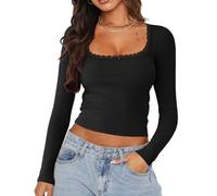 EMOTTOS Damen Y2K Spitzentops mit Quadratischem Ausschnitt, Elegantes Slim Fit T-Shirt mit Fliege, Patchwork Low Cut Top mit Langen Ärmeln für Club Party, Schwarz, S