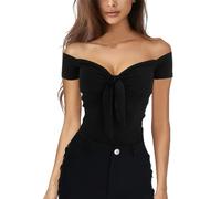 EMOTTOS Damen Y2K Top T-Shirt, Crop Tops Schulterfrei V Ausschnitt Kurzarm, Basic Enges Oberteil Short Sleeve Damen, Tiefer Ausschnitt Tshirts Cropped Shirt Slim Fit Frauen Sommer, Schwarz S