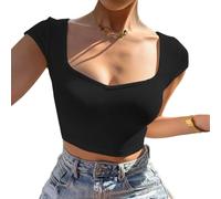 EMOTTOS Damen Y2K Top T-Shirt, Crop Tops V Ausschnitt Kurzarm, Rückenfrei Basic Enges Oberteil Short Sleeve Damen, Tiefer Ausschnitt Tshirts Casual Cropped Shirt Slim Fit Sommer, Schwarz S