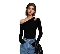 EMOTTOS Damen Y2K Tops, Sexy Asymmetrische Off Shoulder Cut Out Shirts Schrägem Ausschnitt Langärmeliges Slim Fit Oberteil One Shoulder Shirt Enges Elastisches Party Festival Top, Schwarz, M