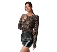 EMOTTOS Damen Y2K Tops, Sexy Leoparden Cut-Out Langarm Oberteile Slim Fit, Long Sleeve Rundhalsausschnitt Enge Wickeloberteil Elastisches Langarmshirts T-Shirt Party Festival Shirt, Braun, L
