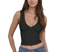 EMOTTOS Damen Y2K V-Ausschnitt Oberteil, Sexy Slim Fit Rüschen Shirt, Ärmelloses Crop Top Mode Skinny Party Clubbing Sommerkleidung für Frauen, Schwarz, M