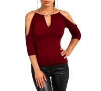 EMOTTOS Einzigartige Damen 3/4-Ärmel Tops, V-Ausschnitt Lässiges T-Shirt mit beweglicher Kette, Off-Shoulder 3/4 Lange Ärmel Tunika Tops Pullover T-Shirt(RED-M)