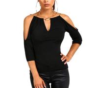 EMOTTOS Einzigartige Damen 3/4-Ärmel Tops, V-Ausschnitt Lässiges T-Shirt mit beweglicher Kette, Off-Shoulder 3/4 Lange Ärmel Tunika Tops Pullover T-Shirt(Black-L)