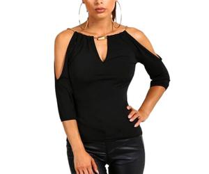 EMOTTOS Einzigartige Damen 3/4-Ärmel Tops, V-Ausschnitt Lässiges T-Shirt mit beweglicher Kette, Off-Shoulder 3/4 Lange Ärmel Tunika Tops Pullover T-Shirt(Black-S)