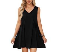 EMOTTOS Frauen ärmelloses Minikleid, Sommer Lässig Rüschenkleider mit Taschen, Loose Swing Saum Kleid mit V-Ausschnitt für Club Party, Schwarz, S