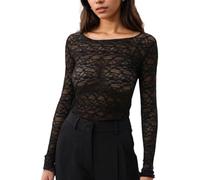 EMOTTOS Frauen Durchsichtige Netz Oberteil, Sexy T-Shirts mit Ausschnitt See Through Bestickte Spitze Tops, Stylische Slim Fit Netzoberteil Ausgehen Clubbing Party für Mädchen, Schwarz, S