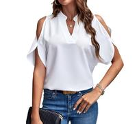 EMOTTOS Frauen Elegante Tunika Tops, Sommer lose V-Ausschnitt Off-Shoulder Tops T Shirts, Casual Faux Chiffon Cold Shoulder Bluse(White-S)
