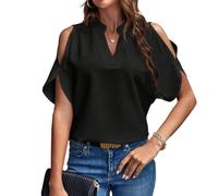 EMOTTOS Frauen Elegante Tunika Tops, Sommer lose V-Ausschnitt Off-Shoulder Tops T Shirts, Casual Faux Chiffon Cold Shoulder Bluse(Black-M)