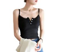 EMOTTOS Frauen geknöpftes Strick-Camisole, Y2k Slim Fit Spitze Patchwork Rippenstrickweste, Sexy Schulterfreies, ärmelloses, tailliertes Top(Schwarz/Weiß, S-L)