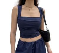EMOTTOS Frauen Geraffte tief Ausgeschnittene Tops, Sommer Sexy Quadratischer Ausschnitt Doppelte Rüschen Weste Tops, Y2k Slim Fit Off-Shoulder Ärmelloses Crop Top Camisole(Blue-L)