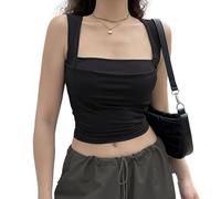 EMOTTOS Frauen Geraffte tief Ausgeschnittene Tops, Sommer Sexy Quadratischer Ausschnitt Doppelte Rüschen Weste Tops, Y2k Slim Fit Off-Shoulder Ärmelloses Crop Top Camisole(Black-L)