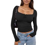 EMOTTOS Frauen Gerüschte Tops, Modische Damen y2k Tops für lässige U-Ausschnitt Slim fit Bow Knot Langarm Solide Farbe Basic Bluse Tee Tops, Schwarz, M