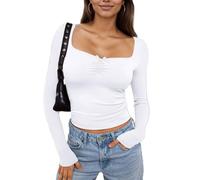EMOTTOS Frauen Gerüschte Tops, Modische Damen y2k Tops für lässige U-Ausschnitt Slim fit Bow Knot Langarm Solide Farbe Basic Bluse Tee Tops, Weiß, M