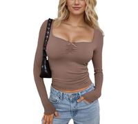 EMOTTOS Frauen Gerüschte Tops, Modische Damen y2k Tops für lässige U-Ausschnitt Slim fit Bow Knot Langarm Solide Farbe Basic Bluse Tee Tops, Braun, L
