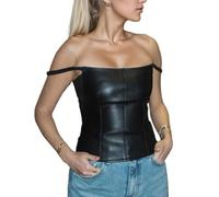 EMOTTOS Frauen Leder Spaghettiträger Tank Tops, Sexy Ärmelloses PU Vest Cut Out Camisole, Y2K Slim Fit Top mit Elastischem Träger, Night Club Party Rave Tshirts für Damen, Schwarz, L