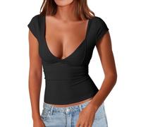 EMOTTOS Frauen Niedrig Geschnittene Tops mit V-Ausschnitt, Sexy Kurzärmeliges Rückenfreies Enges Hemd, Y2K Slim Fit Mode Bequemes Crop-Top Zum Ausgehen Streetwear, Schwarz, S