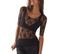 EMOTTOS Frauen Sexy Durchsichtig Spitze Tops, Bestickte Spitze Blumen Gedruckt Mesh Kurzarm Hemd, Rundhals Slim Fit Hemd für Club Party, Schwarz, M