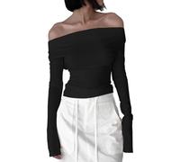 EMOTTOS Frauen Sexy Spitze-Up Tops, Slim Fit Swing Ausschnitt Langarm Crop Top, Weiches rückenfreies Off-Shoulder Lace-Up Long Shirt, Fashion Skinny Y2K Tee Shirt(Schwarz/Weiß, S-XL)