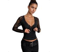 EMOTTOS Frauen Sexy Spitzentop mit tiefem V-Ausschnitt, Y2K Slim Fit Tops mit Schnürung, Langärmeliges Mesh-T-Shirt zum Ausgehen Clubbing Party für Damen, Schwarz, M
