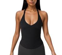 EMOTTOS Frauen Slim Fit ärmellose Tops, Tiefes V-Ausschnitt Stretch Sportoberteil, Modisch Taillierte Y2K Weste, Bequemes Geripptes Neckholder-Crop-Top, Schwarz, S