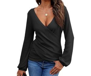 EMOTTOS Frauen Tiefe Waffel-Tops mit V-Ausschnitt, Slim Fit Cross Wrap Crop Tops, Langärmeliges Rüschenhemd mit Unregelmäßigem Gerafften, Modisches Y2K T-Shirt für Club, Schwarz, S