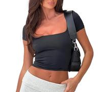 EMOTTOS Frauen Y2K Slim Fit Tops, Sommer Sexy Kurzarm T-Shirt mit Quadratischem Ausschnitt, Hochelastisches Geripptes Crop Top für Club Party (SCHWARZ, L)