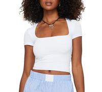 EMOTTOS Frauen Y2K Slim Fit Tops, Sommer Sexy Kurzarm T-Shirt mit Quadratischem Ausschnitt, Hochelastisches Geripptes Crop Top für Club Party (Weiß, S)
