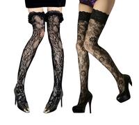 EMOTTOS Halterlose Strümpfe Damen 2 Paar, Sexy Jacquard Strümpfe, Spitze Silikon Hohe Oberschenkel Seidenstrümpfe Overknee für Damen Frauen, Schwarz Einheitsgröße