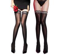 EMOTTOS Halterlose Strümpfe für Damen 2 Paar, Sexy Ölig Glänzend Damenstrümpfe, Rutschfestem Silikon Spitze Damenstrümpfe, 8 Denier Einheitsgröße, Schwarz + Schwarz