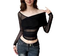 EMOTTOS Mesh Oberteil Damen, Y2K Wickeltop Slim Fit Gerüschte T-Shirts mit V-Ausschnitt, Mode Going Out Club Party Hautenges Spitze Mesh Top Sexy Durchsichtiges Design, Schwarz, L