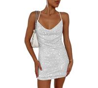 EMOTTOS Pailletten Glitzer Minikleid, Sexy Frauen Rückenfreies Neckholder Kleid, Weiches Swing Saum Bodycon Kleid, Glänzende Tube Club Cocktail Party Pencil Kleider(Silber, M)